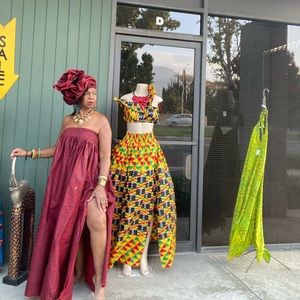 African 2pc top and skirt with split  red black